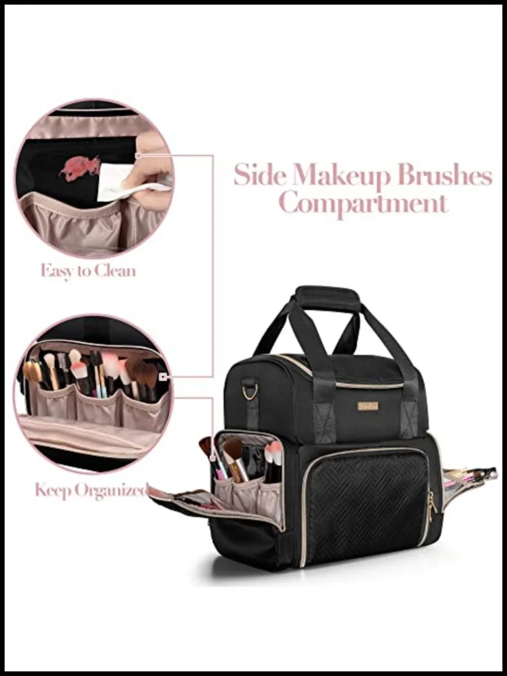 Large Double Layer Travel Makeup Organizer Bag with Brushes Storage, 3